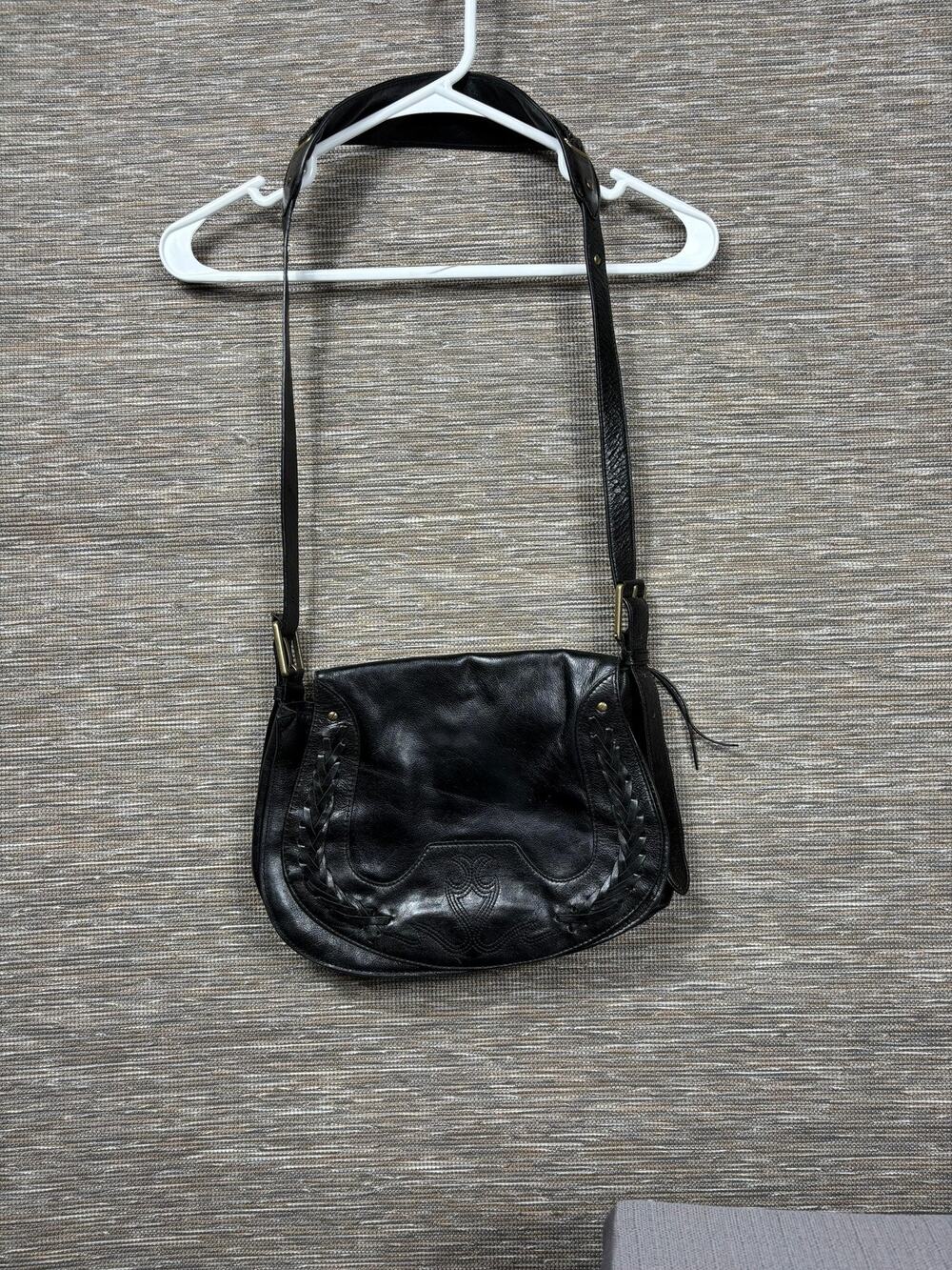 Saddle Bag Womens Medium Black Leather Braided Crossbody Shoulder Zip Purse